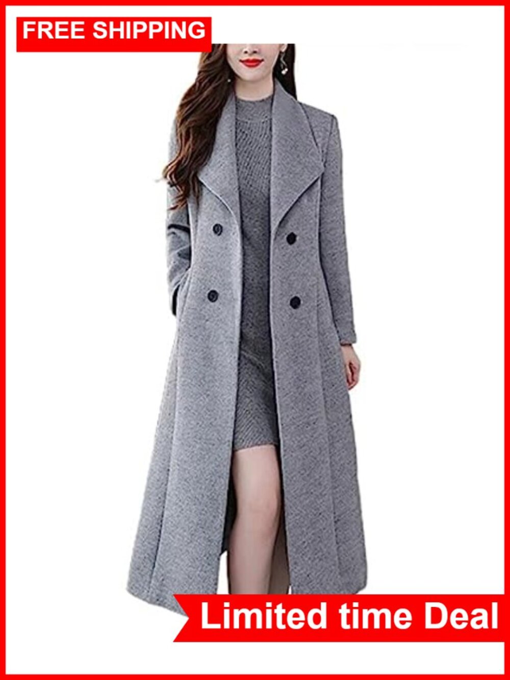 Women's Wool Blend Maxi Trench Coat Shawl Collar Double Breasted Winter Overcoat